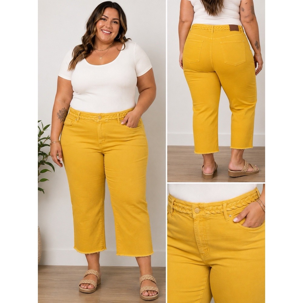 Just Blue Women's 22W Yellow Cropped Jeans Raw Hem Braided Waist Stretch Western